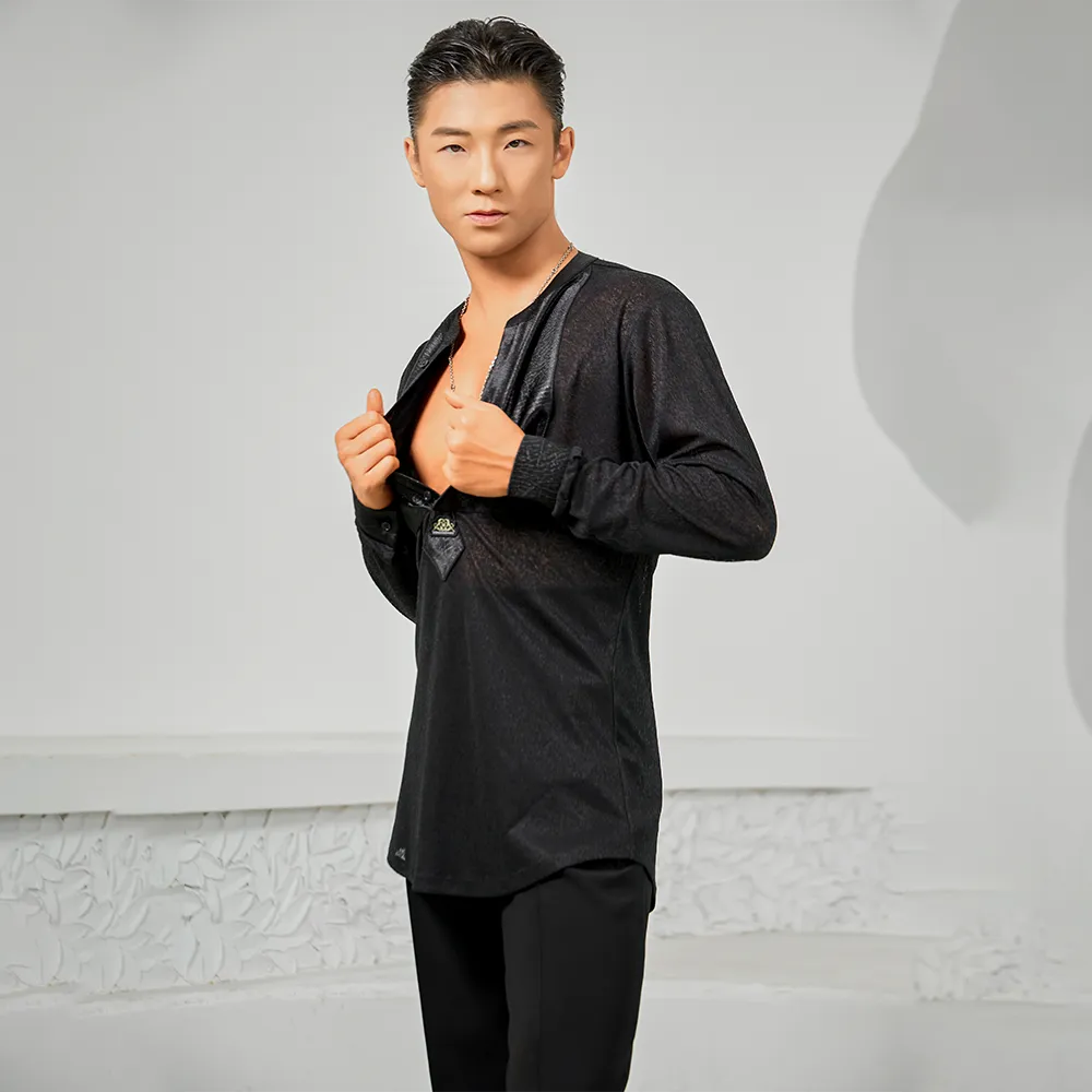 NY707 Men’s Panel Splice Long‑Sleeve Latin Dance Top